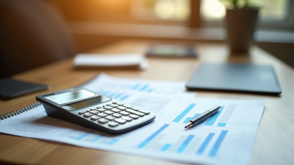 Taschenrechner und Finanzberichte auf sauberem Schreibtisch