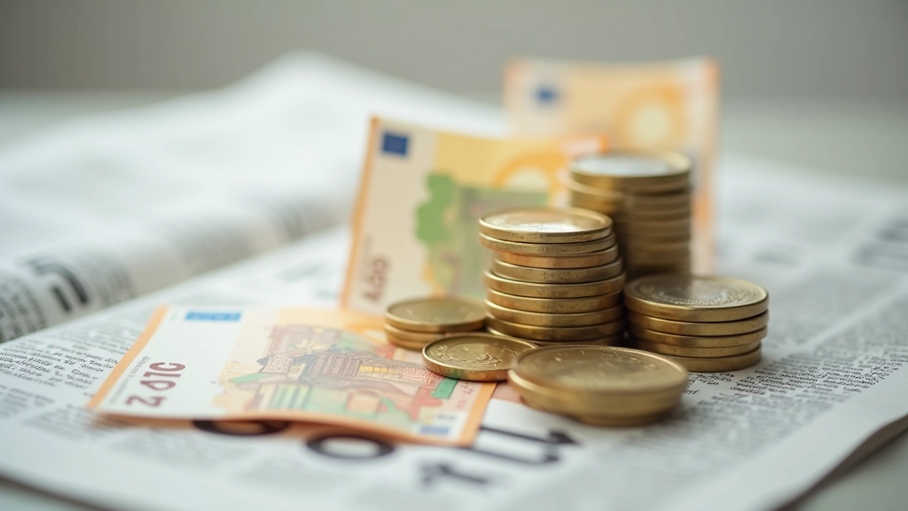 Europäische Geldscheine und Münzen auf Finanzzeitung arrangiert