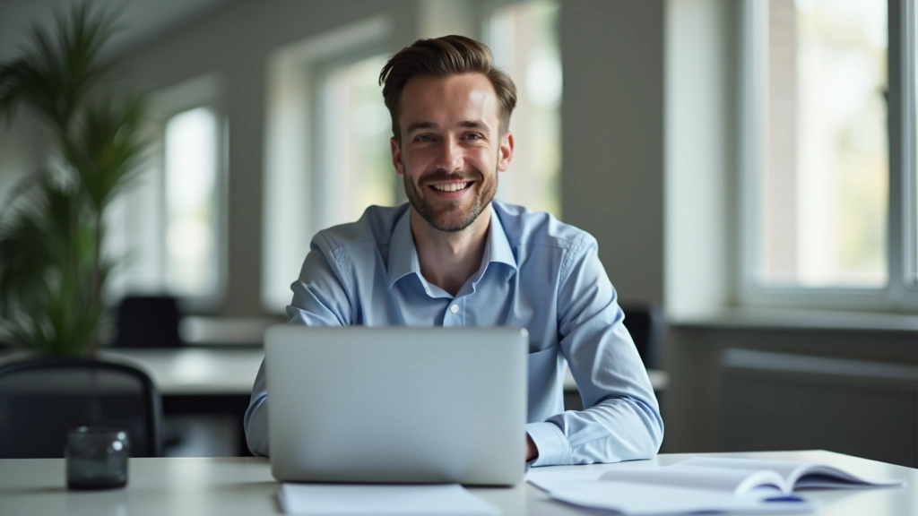 Finanzberater in modernem Büro mit Laptop und Dokumenten