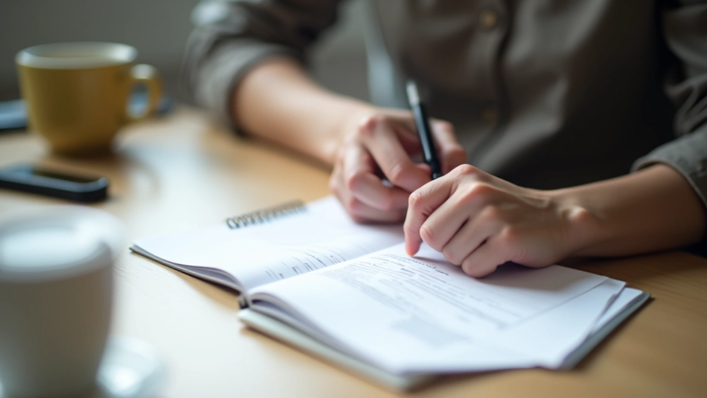 Person schreibt Budgetplan in Notizbuch mit Kaffeetasse daneben
