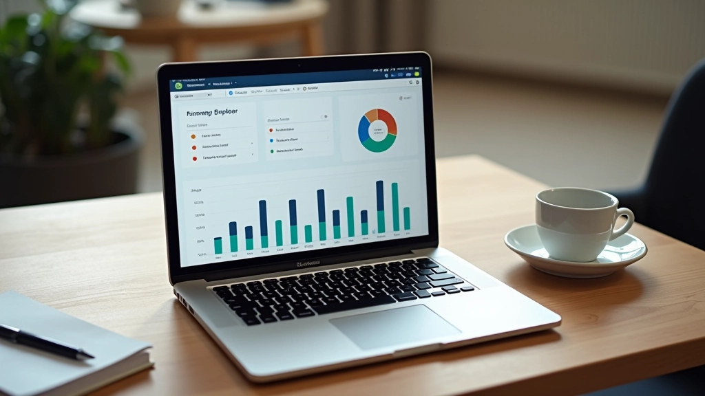 Laptop mit Finanz-Dashboard auf Schreibtisch, neben Notizbuch und Kaffeetasse